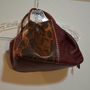 Hand Bag Faux Leather Part of Snake Skin Pattern Prints Red Brown Pockets Small